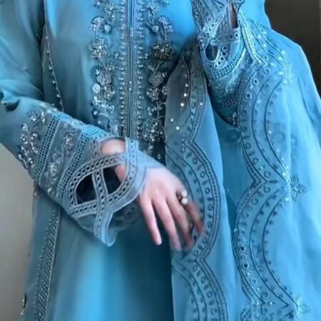 Designer Wear Exclusive Suit in Georgette Fabric Top & Pant With Dupatta in Sequence Embroidery & Cut Work